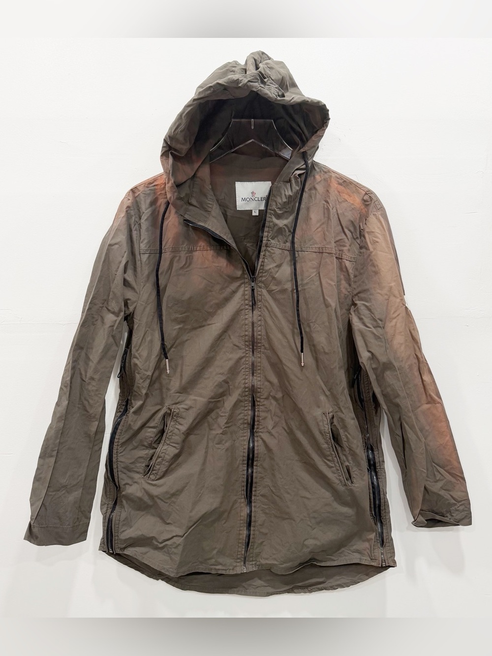 Moncler Side Zip Hooded Full Zip Green Raincoat Jacket Lightweight *flawed*